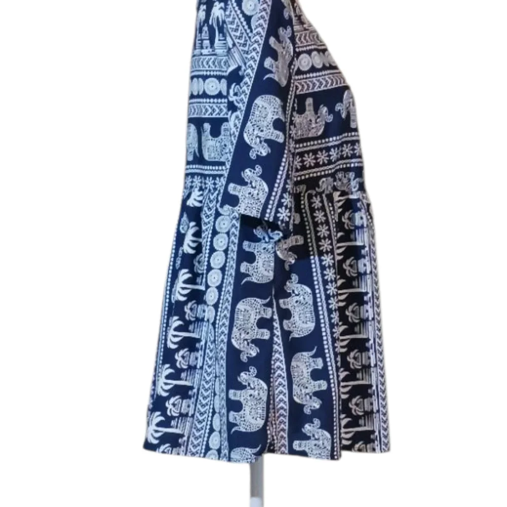 Tropical Tunic Top Empire Waist Blue & White Short Sl. Cool Loose Fit Women's M - Picture 2 of 5